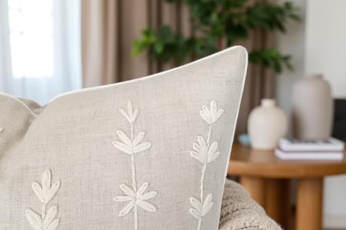VAGMINE Hand Embroidered Linen Throw Pillow Cover 18x18 – Natural Square Decorative Accent Cushion for Sofa, Bed & Couch –...