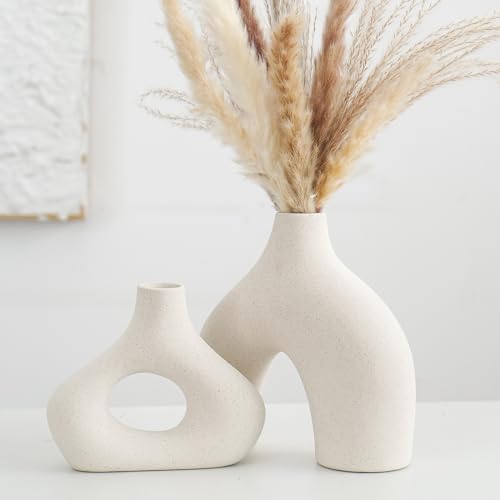 CEMABT Beige Ceramic Vase Set of 2 for Modern Minimalist Bohemian Decor，Round Matte Donut Vases for Pampas Grass-Perfect f...