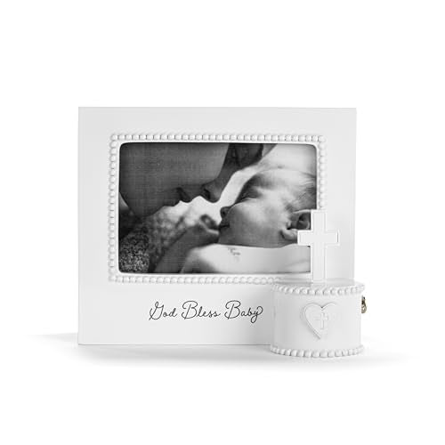 DEMDACO Musical Frames Collection God Bless Baby White Beaded 8 x 7 Resin Keepsake Baby Picture Frame with Cross & Trinket...