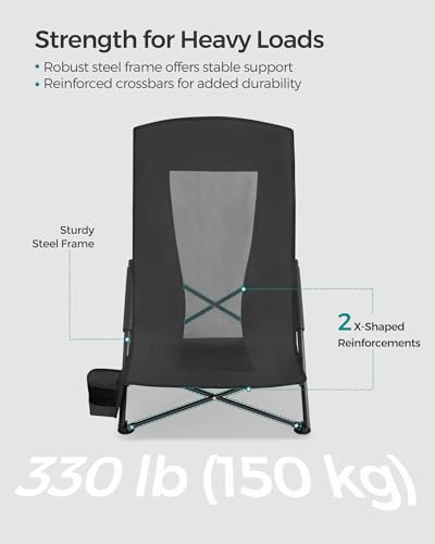 SONGMICS Set of 2 Portable Beach Chairs for Adults, Max. Load 330 lb Each, High Backrest, Cup Holder, Lightweight, Heavy-D...