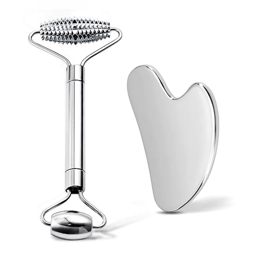 AAJP Gua Sha Facial Tools and Face Roller Set, Stainless Steel Facial Sculpting Eyes Roller Guasha for Face, Chin & Jawlin...
