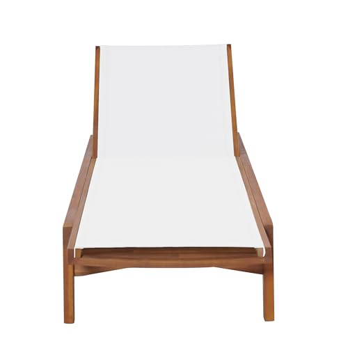 Merax Outdoor Reclining Chaise Lounge, Acacia Wood & Breathable Mesh, Adjustable Sun Lounger for Patio, Poolside & Garden ...