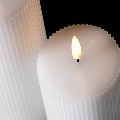 Girimax White Ribbed Flameless Pillar Candles with Remote, Flickering LED Wax Candles Battery Operated Set of 2