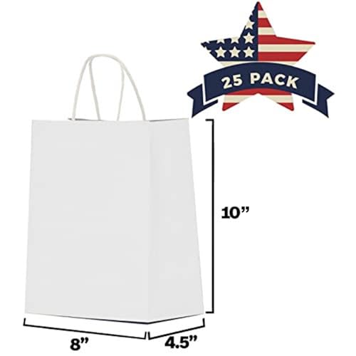 Qutuus White Paper Gift Bags with Handles Bulk 25 pcs 8x4.5x10 Medium White Paper Bags for Gifts, Valentines, Shopping, Re...