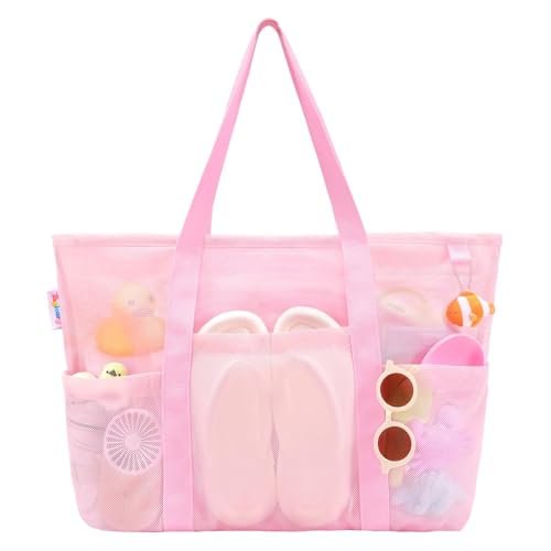 Tagitary Mesh Beach Bag with Zipper Large Beach Tote Waterproof Sandproof with 8 Pockets for Toys Pool Bag Beach Accessories