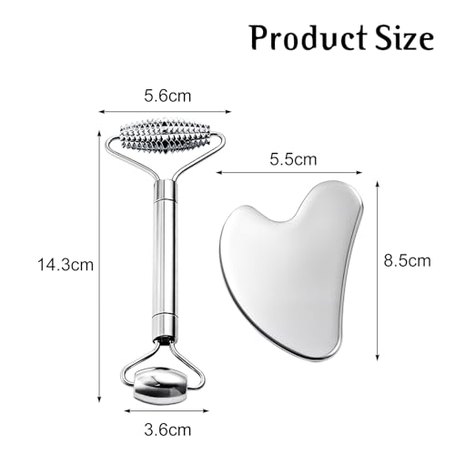 AAJP Gua Sha Facial Tools and Face Roller Set, Stainless Steel Facial Sculpting Eyes Roller Guasha for Face, Chin & Jawlin...