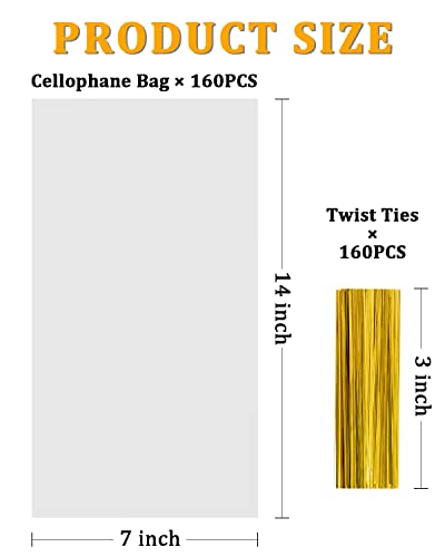 Labeol 160pcs Clear Cellophane Bags 7X14 Treat Bags with Ties Goodie Bag Clear Gift Bag for Packaging Popcorn Party Favor ...