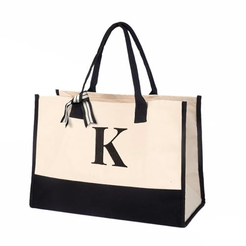 Salt Earth Personalized Initial Canvas Tote Bag for Women, Large Cotton Monogram Beach Grocery Reusable Work Travel Tote