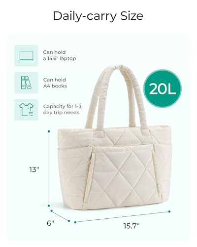 BAGSMART Tote Bag for Women, Puffer Tote Bag with Zipper, Large Quilted Shoulder Bag with Compartments for Travel, Work, Gym