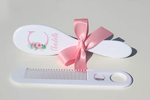 Personalized Baby Brush & Comb Set Gift Girl, Pink Floral Initial Toddler Custom Sets, Baby Gifts for Newborn Girls, ECO F...
