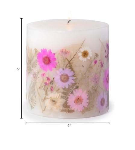 ANDALUCA Pressed Real Flowers Handcrafted Botanical Floral Pillar Candle (Fresh Peony)