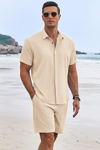 COOFANDY Men's Summer Beach Outfits 2 Piece Short Sleeve Shirts and Shorts Vacation Texture Linen Sets for Men