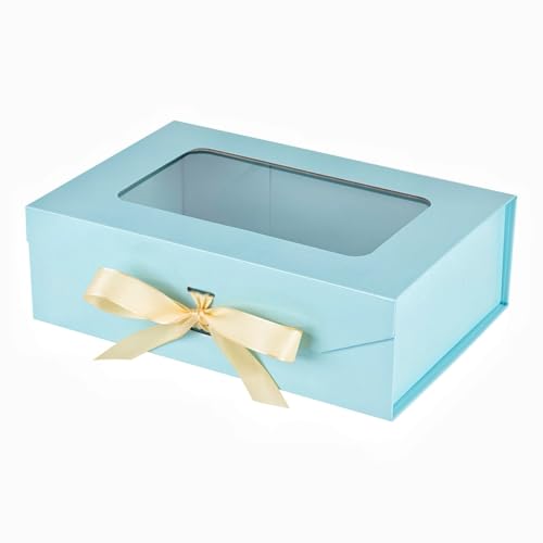 PLINJOY Blue Gift Box for Presents with Ribbon 10.8x7.5x3.5 Inches Clear Gift Box with Window Magnetic Closure Gift Boxes ...