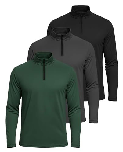 Real Essentials 3 Pack: Men's Dry-Fit Active Quarter Zip Long Sleeve Athletic Performance Pullover (Available in Big & Tall)