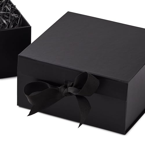 Hallmark Medium Gift Boxes with Bow and Shredded Paper Fill, Pack of 2 (Black 8 inch Box) for Weddings, Graduations, Birth...