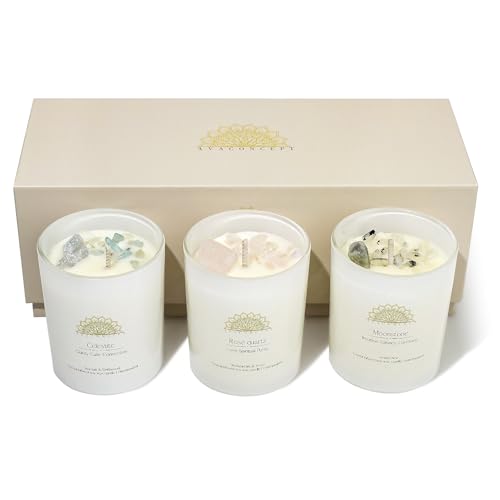 AVACONCEPT Amethyst & Smoky Quartz Crystal Candle Gift Set - 2-Pack Hand-Poured Soy Wax - Lavender Vanilla & Sea Salt Drif...