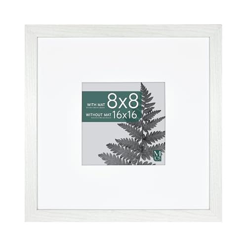 MCS Studio Gallery 16x16 Matted Photo Frame with 8x8 Picture Display, White Woodgrain Vertical & Horizontal Wall Hanging L...