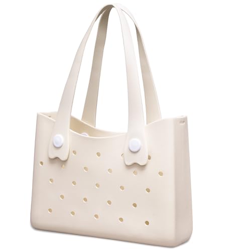 Larcenciel Rubber Tote Bag, Perforated Design Waterproof Beach Bags for Women with Shoulder Strap, Summer Travel Beige Han...