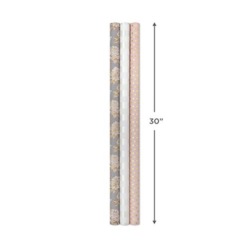 Hallmark Wedding Wrapping Paper Rolls - Gold Hearts, Rose Flowers, White Stripes Gift Wrap Paper (Set of 3 Rolls: 85 sq. f...
