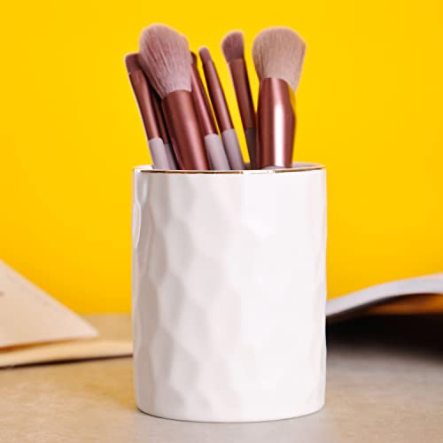 WHJY Ceramic White Pencil Cup, Makeup brushes Holder, Gold Pen Holder for Desk Cute Small Boho Brush Holder, Modern Geomet...