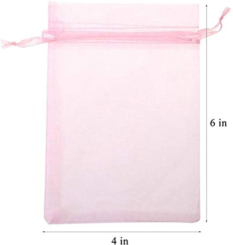 50 Pcs 4x6 inches Gift Wrap Bags Pink, Organza Sheer See Through Fabric, Drawstring Satin Ribbon Pouches for Baby Shower F...