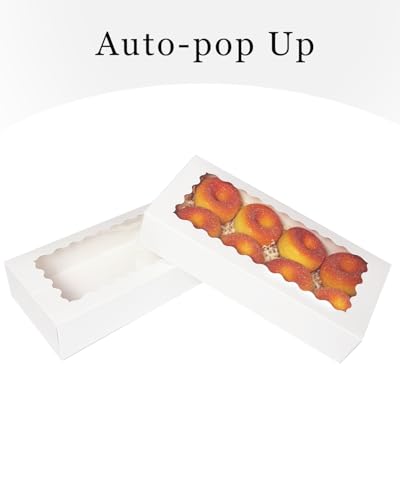 qiqee Auto-pop up 12x5.5x2.5 Inch White Cookie Box with Window 30Pcs Pastry Macaron Bakery Box For Packaging
