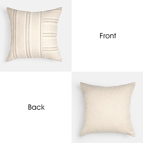 AELS 18x18 Decorative Farmhouse Linen Throw Pillow Covers, Boho Textured Pillow Case, Set of 2, Beige with White & Brown S...