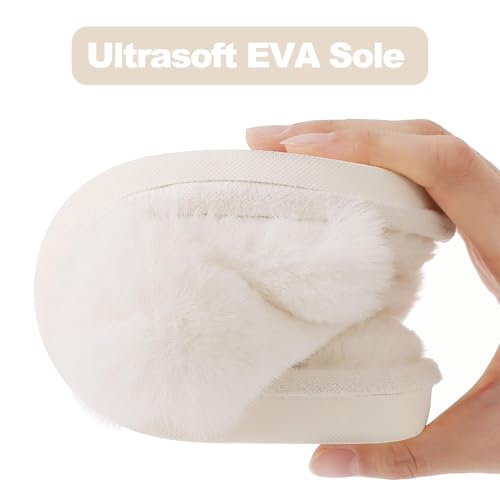 Evshine Women's Fuzzy Slippers Cross Band Memory Foam House Slippers Open Toe