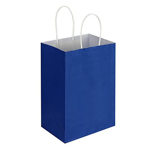 Oikss 100 Pack 5.25x3.25x8.25 Inch Small Royal Blue Kraft Paper Bags with Handles Bulk for Birthday Wedding Party Favors G...
