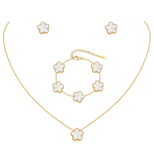 Gold Necklaces Bracelets Earring Set - 18K Gold Plated Flower Bracelet Chain,Stainless Steel Non Tarnish Floral Pendant St...