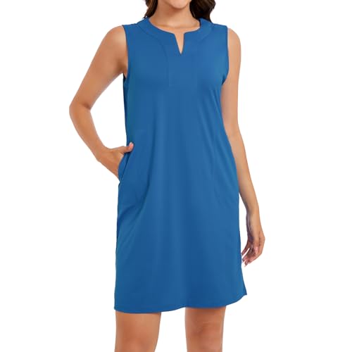 Lightbare Womens UPF 50+ Casual Sundress Sleeveless Tank Dress Notch Neck Summer Floral Dresses with Pockets Loose Fit