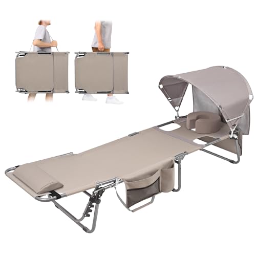 Tanning Chair with Sun Canopy Face Hole Softer Padded Adjustable Washable, Heavy Duty Layout Folding Lounge Chair for Adul...