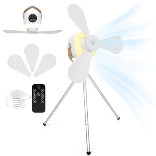 Niarrfi Camping Fan with Telescopic Stand, 7200mAh Tent Fans with LED Light, Remote Control, Detachable Blades and Hook 4 ...