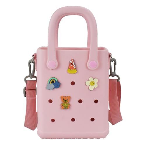 Juyeesm Mini Rubber Beach Bag with Strap & Charms, Waterproof EVA Beach Bag for Girls, Small Rubber Tote Bag for Women
