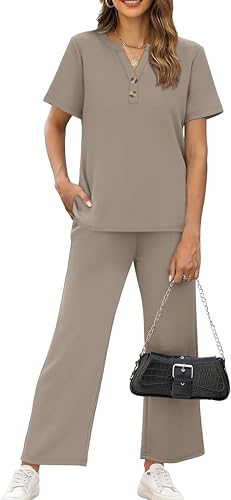 OFEEFAN 2 Piece Sets for Women Spring Fashion Beach Vacation Cruise Outfit Dressy Casual Wide Leg Crop Pants Resort Wear