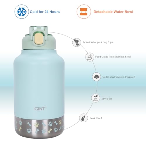 GiNT 37oz Insulated Stainless Steel Dog & Human Water Bottle | Leakproof Travel Dispenser with Detachable 10oz Bowl, 24H C...