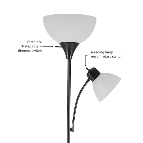 Globe Electric 67135 72" Torchiere Floor Lamp and Adjustable Reading Light, Matte Black, Frosted Shade, Dual Rotary Switc...