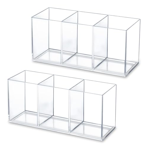 BangBoom 2 Pack Clear Makeup Brush Holder, 3 Compartment Plastic Pen Organizer, Acrylic Silverware Caddy for Storage Desk ...