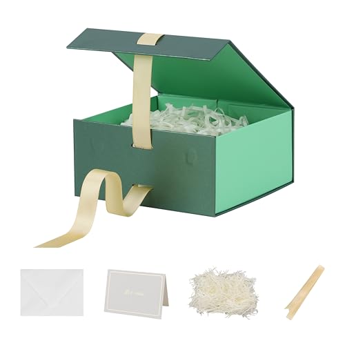 BoxSkivra Green Gift Box with Ribbon 1 Pack 6X6X3 Inch Small Gift Box with Lid Magnetic Closure Rectangle Collapsible Luxu...