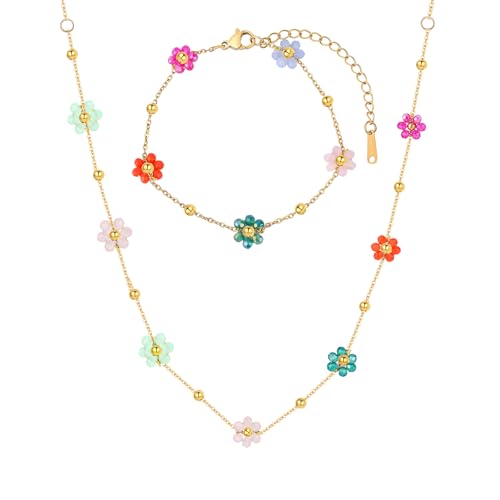 VceTd Bohemian Beaded Necklace and Bracelet Set for Women, Colorful/Pink/Green/Rose Red Daisy Flower Pendant with 18K Gold...