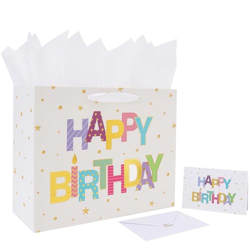 Qirrmiy 13'' Large Happy Birthday Gift Bag Set with Handles, Greeting Card, White Tissue Papers and Stickers for Women Gir...