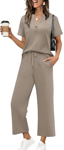 OFEEFAN 2 Piece Sets for Women Spring Fashion Beach Vacation Cruise Outfit Dressy Casual Wide Leg Crop Pants Resort Wear