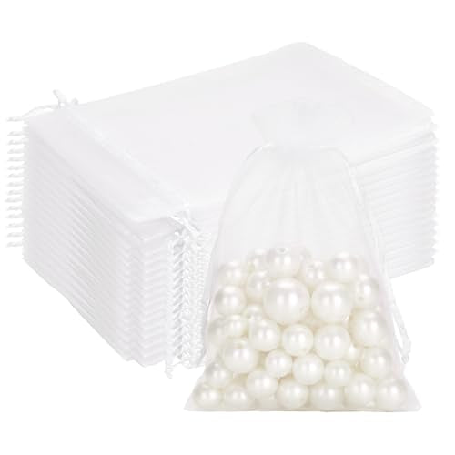 G2PLUS 100PCS White Organza Bags, 4x6 in Sheer Mesh Drawstring Gift Bags, Jewelry Pouches Candy Bag for Wedding Favors, Ch...