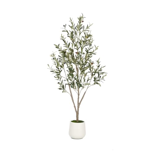 VIVATREES Olive Trees Artificial Indoor, 5FT Tall Faux Olive Tree with White Tall Planter, Artificial Plants with Natural ...
