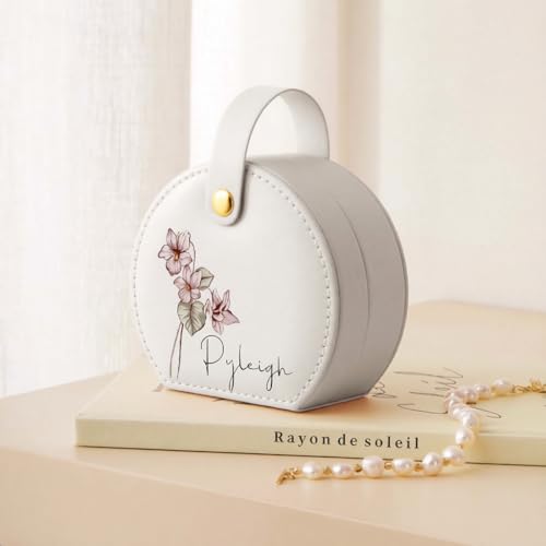 Personalized Leather Travel Jewelry Box with Name and Birth Flower for Women Gifts Custom Small Travel Jewelry Organizer C...