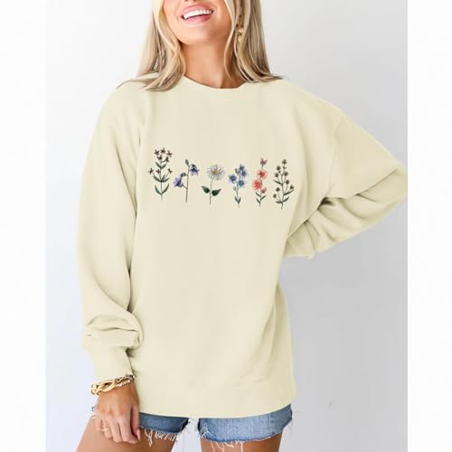 Lytiarul Flower Graphic Sweatshirt for Women Floral Printed Vintage Long Sleeves Shirt Crewneck Hoodie Loose Pullovers Tops