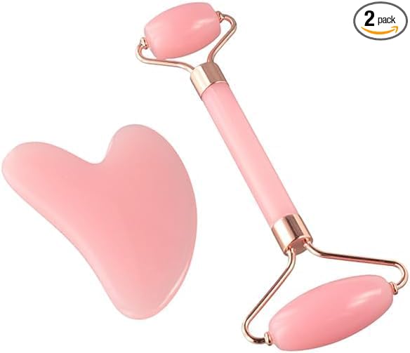 2Pcs Pink Manual Jade Roller and Gua Sha Set, Resin Facial Massage Tools for Face Eye Neck, Natural Beauty Skin Care Tools...