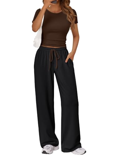 Trendy Queen 2 Piece Matching Summer Sweatsuit Lounge Set Womens Side Ruching Top Wide Leg Pants Sets with Pockets