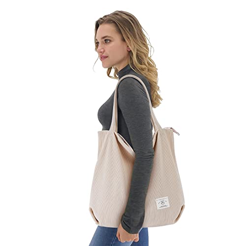 KALIDI Women Corduroy Tote Bag Zipper Casual Tote's Handbag Big Capacity Shoulder Bag with Pockets