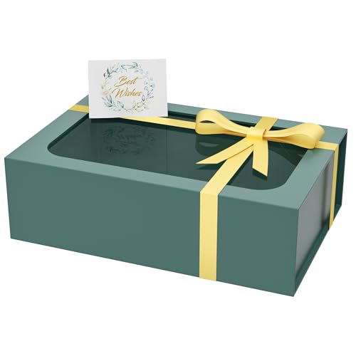 PSHVYM Large Gift Box with Window, 13.5x9x4.3 In Green Gift Box for Presents Magnetic Lids Collapsible for Bridesmaid Prop...